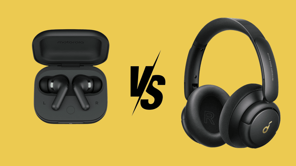 Best Noise Cancelling Headphones of 2025 In-ear headphones on the left and headphones on the right with "versus" in the middle, indicating a division to decide which of the two is better, on a yellow background