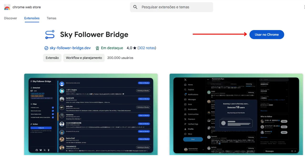 Extensão te ajuda a encontrar quem você segue do x no bluesky Página da extensão sky follower bridge