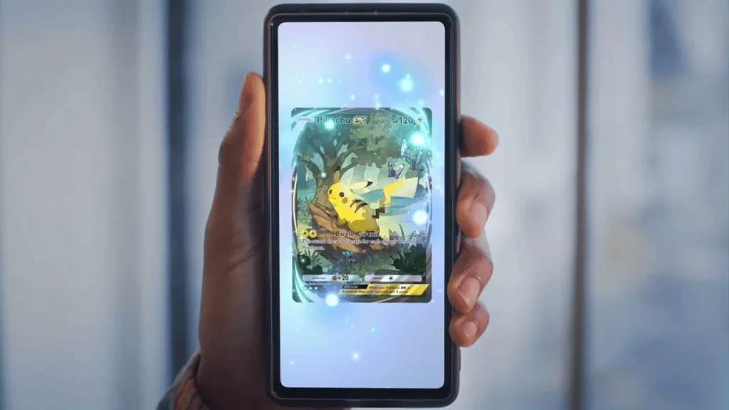 Guia pokémon tcg pocket: tudo o que você precisa saber sobre o game Pessoa segurando smartphone com carta do pikachu