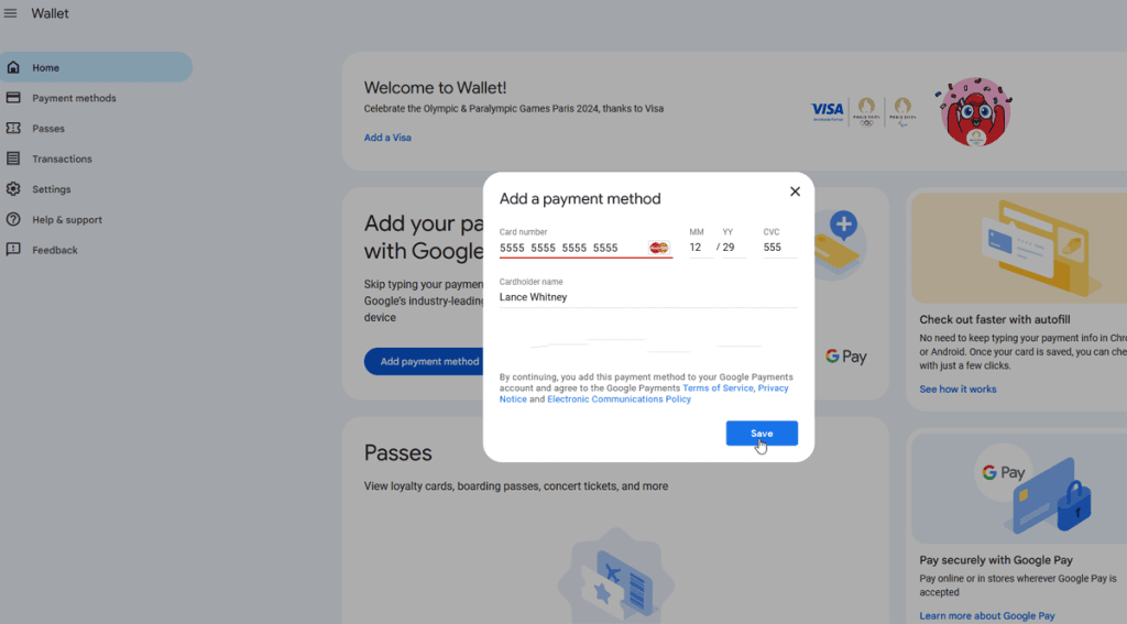 Cartão de crédito adicionado à carteira digital para compras seguras no google pay.