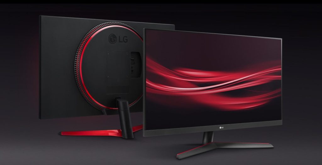 Monitor gamer lg ultragear com design moderno e iluminação vermelha.