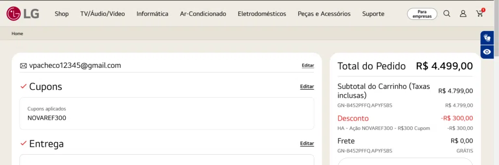 Geladeira lg frost free inverter 461l duplex inox oferece até 52% de economia de energia Tela de desconto de r$ 300 no site da lg