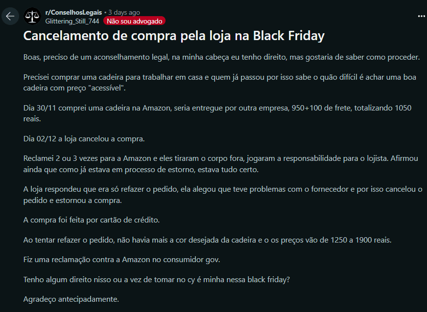 Consumidores relatam atrasos em compra da amazon cancelada na black friday Relato no reddit sobre compra cancelada na amazon