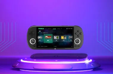 Controle de video game portátil com tela touchscreen, gerenciador de jogos e iluminação neon.