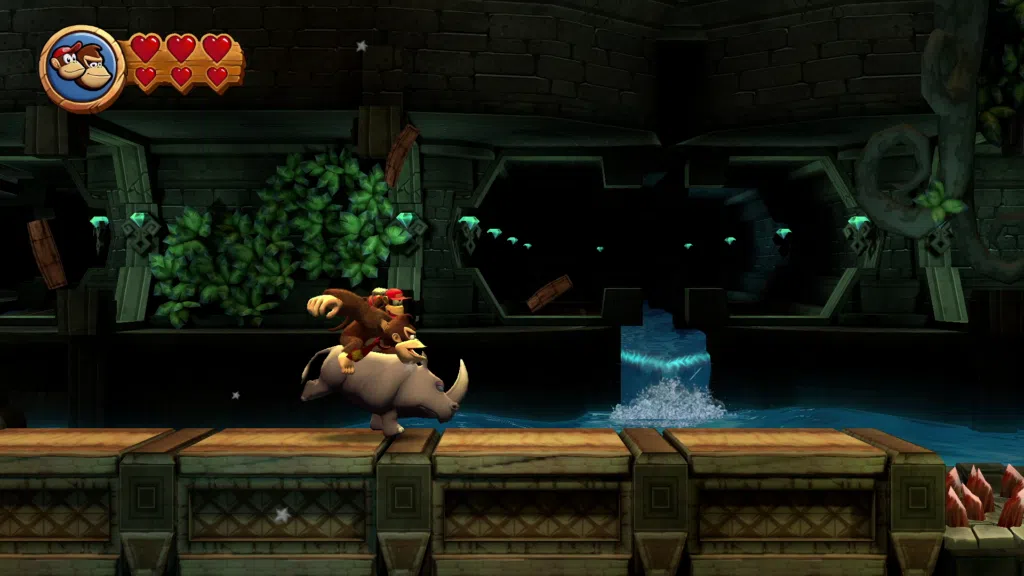 Review: donkey kong country returns hd é um desafio renovado A video game screen with a monkey riding a rhinoceros
