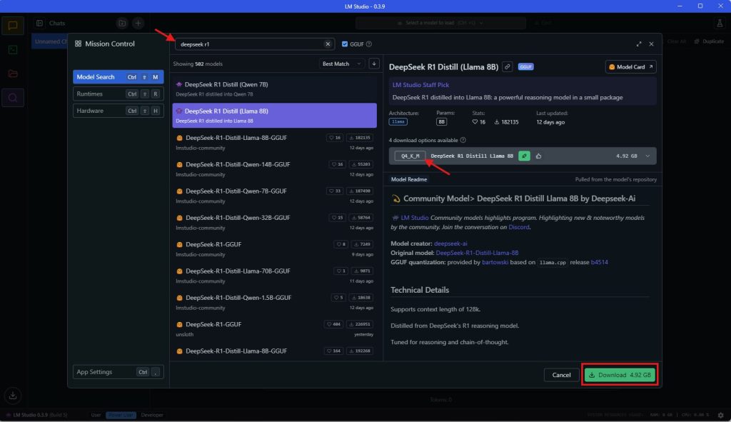 Como instalar o deepseek r1 no seu pc com amd ryzen ai e gpu radeon Tela exibe a busca e seleção do modelo deepseek r1 adequado para download.