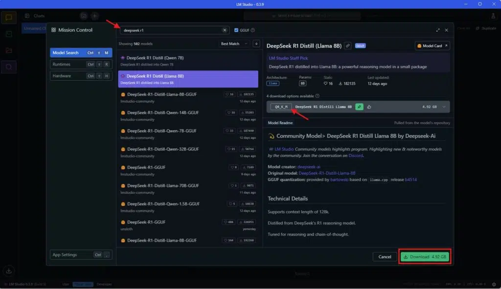 Como instalar o deepseek r1 no seu pc com amd ryzen ai e gpu radeon Tela exibe a busca e seleção do modelo deepseek r1 adequado para download.