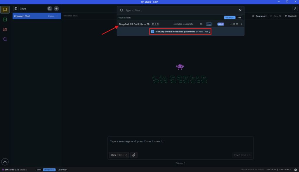 Como instalar o deepseek r1 no seu pc com amd ryzen ai e gpu radeon A imagem exibe a tela com o modelo deepseek r1 já selecionada para carregamento no chat do lm studio.
