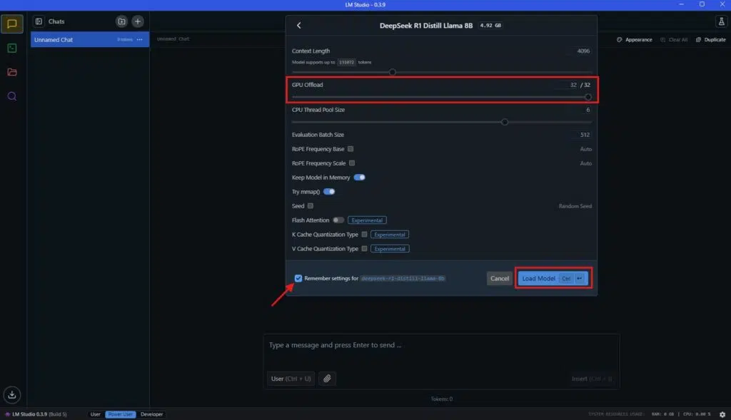 Como instalar o deepseek r1 no seu pc com amd ryzen ai e gpu radeon A imagem exibe a tela com a parametrização de carregamento máximo para a gpu.