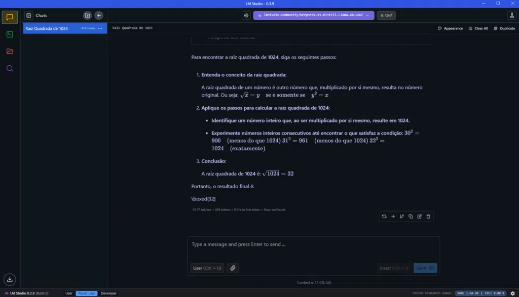 Como instalar o deepseek r1 no seu pc com amd ryzen ai e gpu radeon A imagem exibe a tela do chat com a resposta do deepseek r1 a raiz quadrada de 1024.