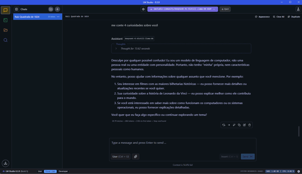 Como instalar o deepseek r1 no seu pc com amd ryzen ai e gpu radeon A imagem exibe a tela do chat com a resposta do deepseek r1 ao ser perguntado sobre ele mesmo.