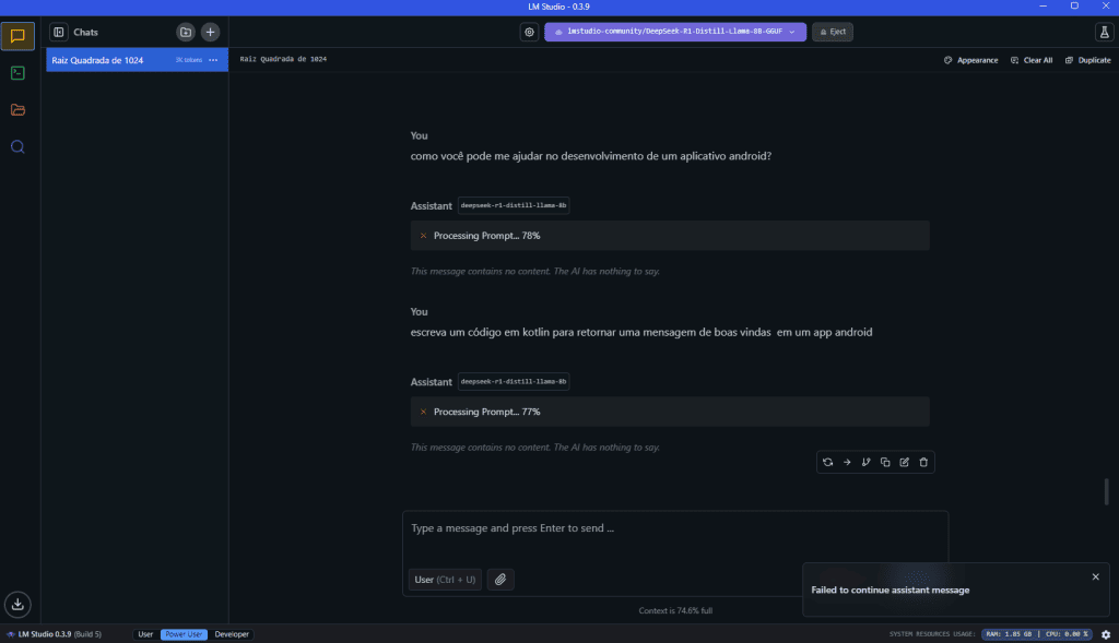 Como instalar o deepseek r1 no seu pc com amd ryzen ai e gpu radeon A imagem exibe a tela do chat com erros, aonde o modelo retornou falha após algumas perguntas.