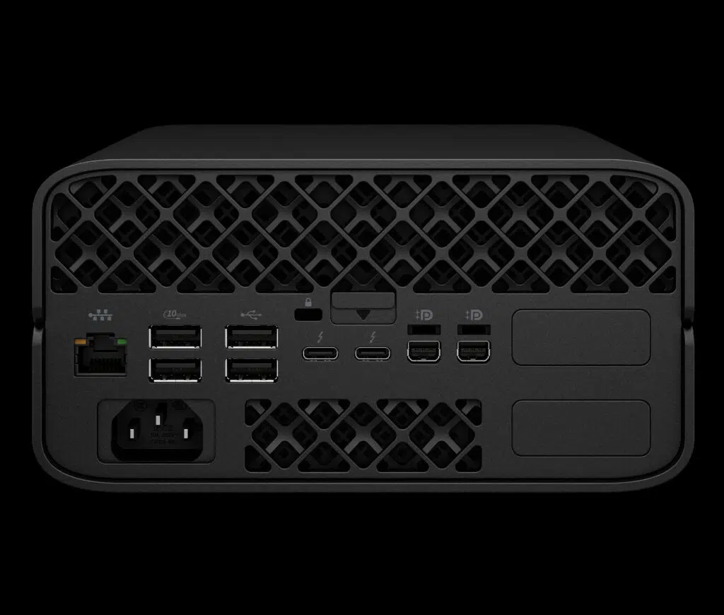 Ces 2025: hp mostra o futuro do trabalho com notebooks, desktops e all-in-ones com hp ai companion Parte traseira do hp z2 mini na cor preta