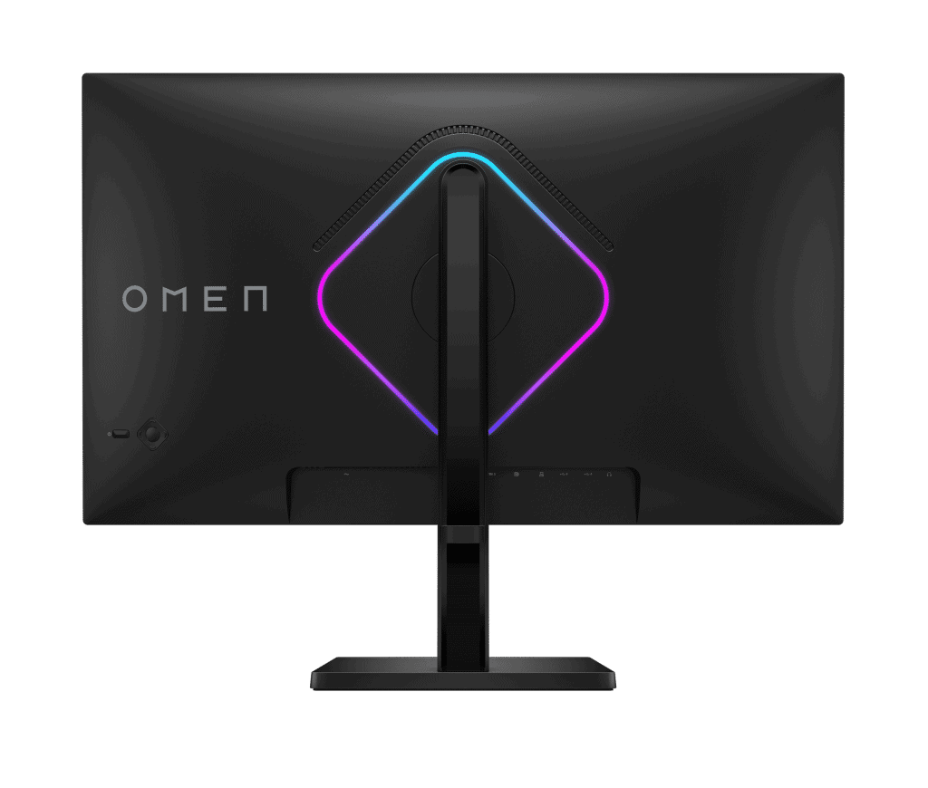 Ces 2025: HP updatet de omen gamer-lijn van notebooks, desktops en monitoren op de beurs Achterkant van de omen 27qs g2-monitor, met rgb