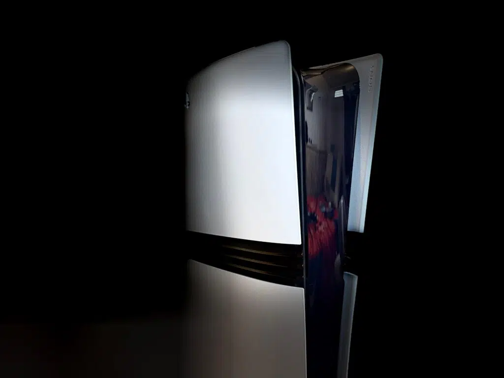 Review: playstation 5 pro vale o upgrade ou é só luxo? Parte frontal do ps5 pro com fundo preto