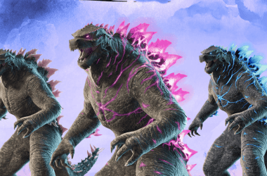 Dinossauros godzilla com efeitos de luzes rosa e azul, cenário digital futurista, tema de filmes e tecnologia.