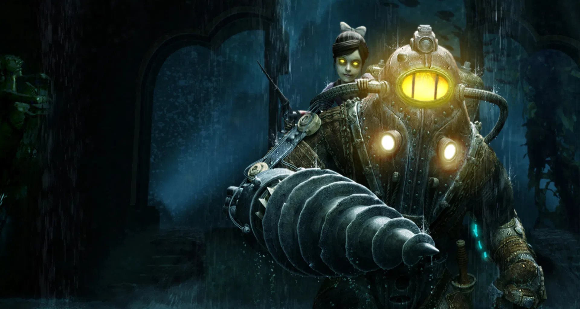 רובוט ענק עם ילדה בהרפתקה מפחידה, אימה וסטימפאנק בגשם.