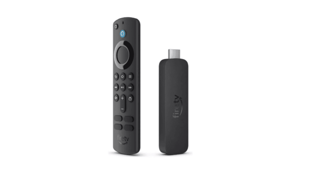 Veja os melhores produtos para a casa conectada (2025) Controle remoto fire tv e dispositivo fire tv stick em fundo branco.