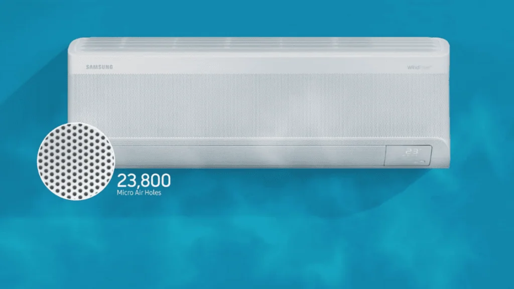 Veja os melhores produtos para a casa conectada (2025) Ar condicionado samsung wind-free com micro air holes, tecnologia de resfriamento eficiente.