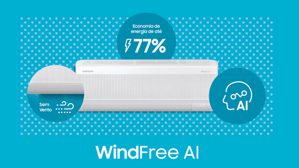 Veja os melhores produtos para a casa conectada (2025) Ar-condicionado samsung windfree ai com tecnologia de economia de energia de até 77%.