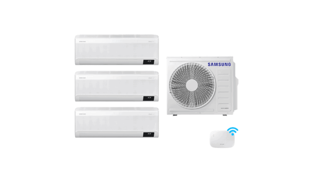 Veja os melhores produtos para a casa conectada (2025) Conjunto de ar-condicionado samsung com wi-fi, eficiente para ambientes residenciais e offices.