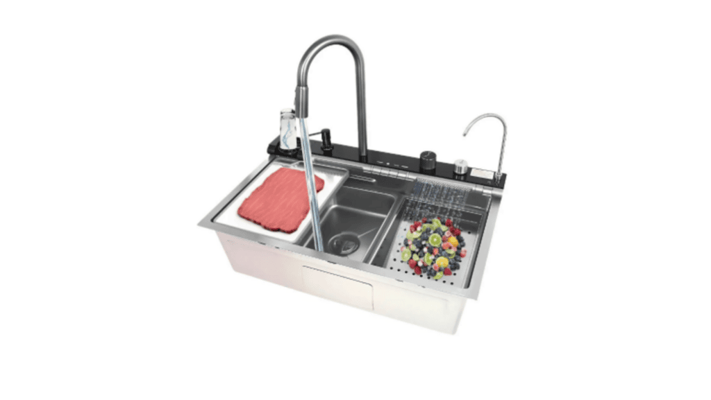 Veja os melhores produtos para a casa conectada (2025) Saladeira de aço inox com torneira, com carnes e frutas, ideal para cozinhas modernas.