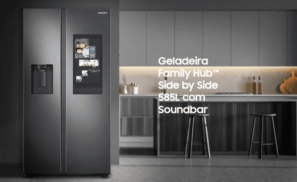 Veja os melhores produtos para a casa conectada (2025) Refrigerador samsung family hub side by side 585l com soundbar moderno e inteligente.