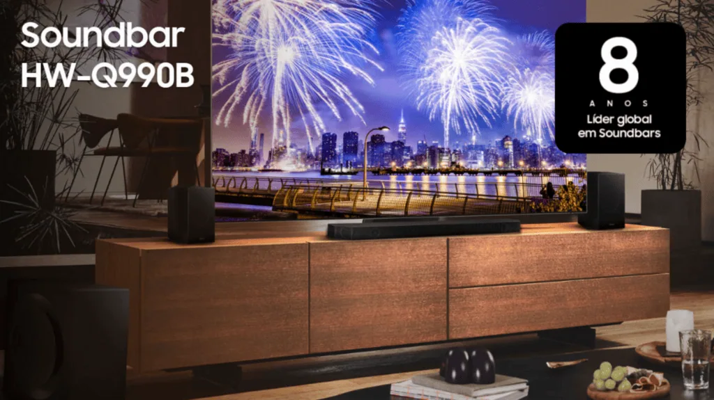 Veja os melhores produtos para a casa conectada (2025) Som de um bar de som surround com tecnologia avançada, ideal para home theater com ótima qualidade de áudio.