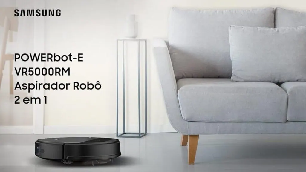 Veja os melhores produtos para a casa conectada (2025) Robô aspirador samsung powerbot-e vr5000rm em ambiente doméstico moderno.