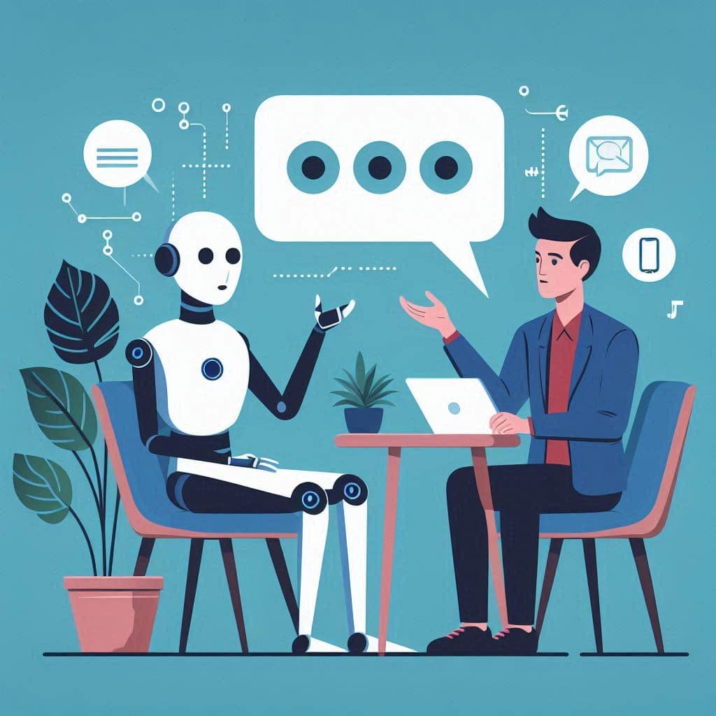 Assistente de inteligência artificial conversando com humano no computador, tecnologia e inovação.