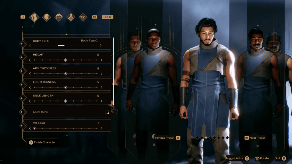Quando chega dune: awakening? Saiba tudo sobre o mmo para pc Cena de gameplay de dune: awakening: a imagem mostra um menu de criação de personagem em um jogo. No centro da tela, há um modelo de personagem masculino em close-up, exibindo detalhes de sua aparência, como textura da pele e músculos. O menu à esquerda apresenta opções para ajustar diferentes aspectos do personagem, como tipo de corpo, altura, espessura dos braços e pernas, comprimento do pescoço, tom de pele e presença de vitiligo. Há também opções para escolher um preset de personagem anterior ou próximo e para finalizar a criação do personagem. Na parte inferior da tela, há um botão para alternar a roupa do personagem, rotacioná-lo e sair do menu.
