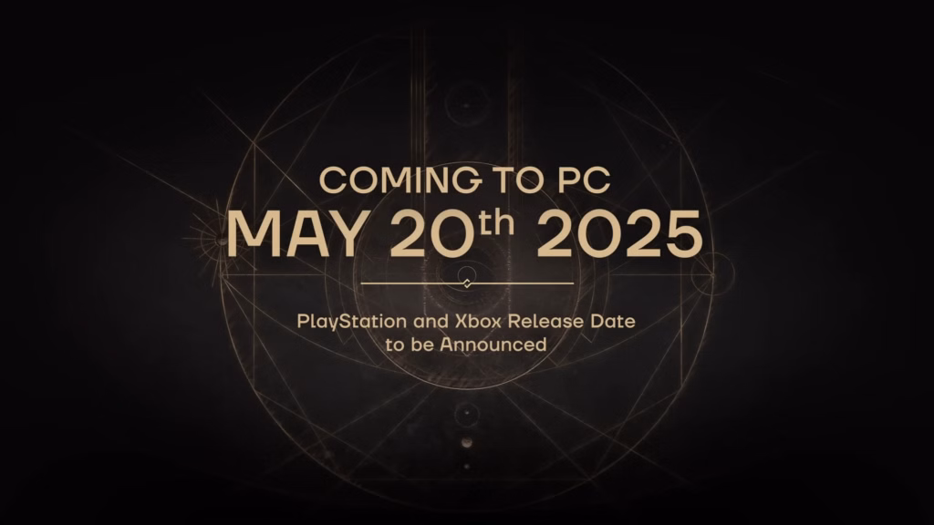 A imagem apresenta um fundo escuro com um padrão geométrico circular em tons de dourado no centro. Sobreposto a esse padrão, há texto em letras brancas: "coming to pc" na parte superior, "may 20th 2025" em destaque no meio e "playstation and xbox release date to be announced" na parte inferior.