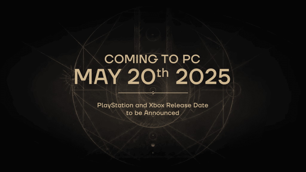 Quando chega dune: awakening? Saiba tudo sobre o mmo para pc A imagem apresenta um fundo escuro com um padrão geométrico circular em tons de dourado no centro. Sobreposto a esse padrão, há texto em letras brancas: "coming to pc" na parte superior, "may 20th 2025" em destaque no meio e "playstation and xbox release date to be announced" na parte inferior.
