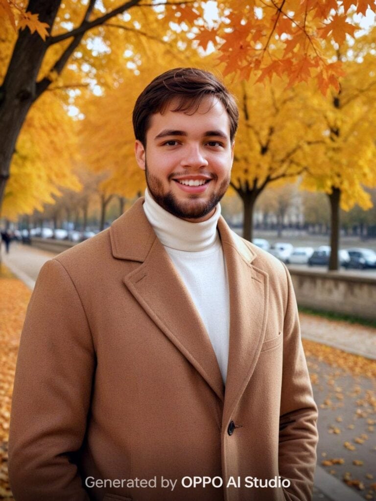 Review: oppo find x8 pro traz câmeras poderosas e alto desempenho Homem em tema de outono feito pela oppo ai