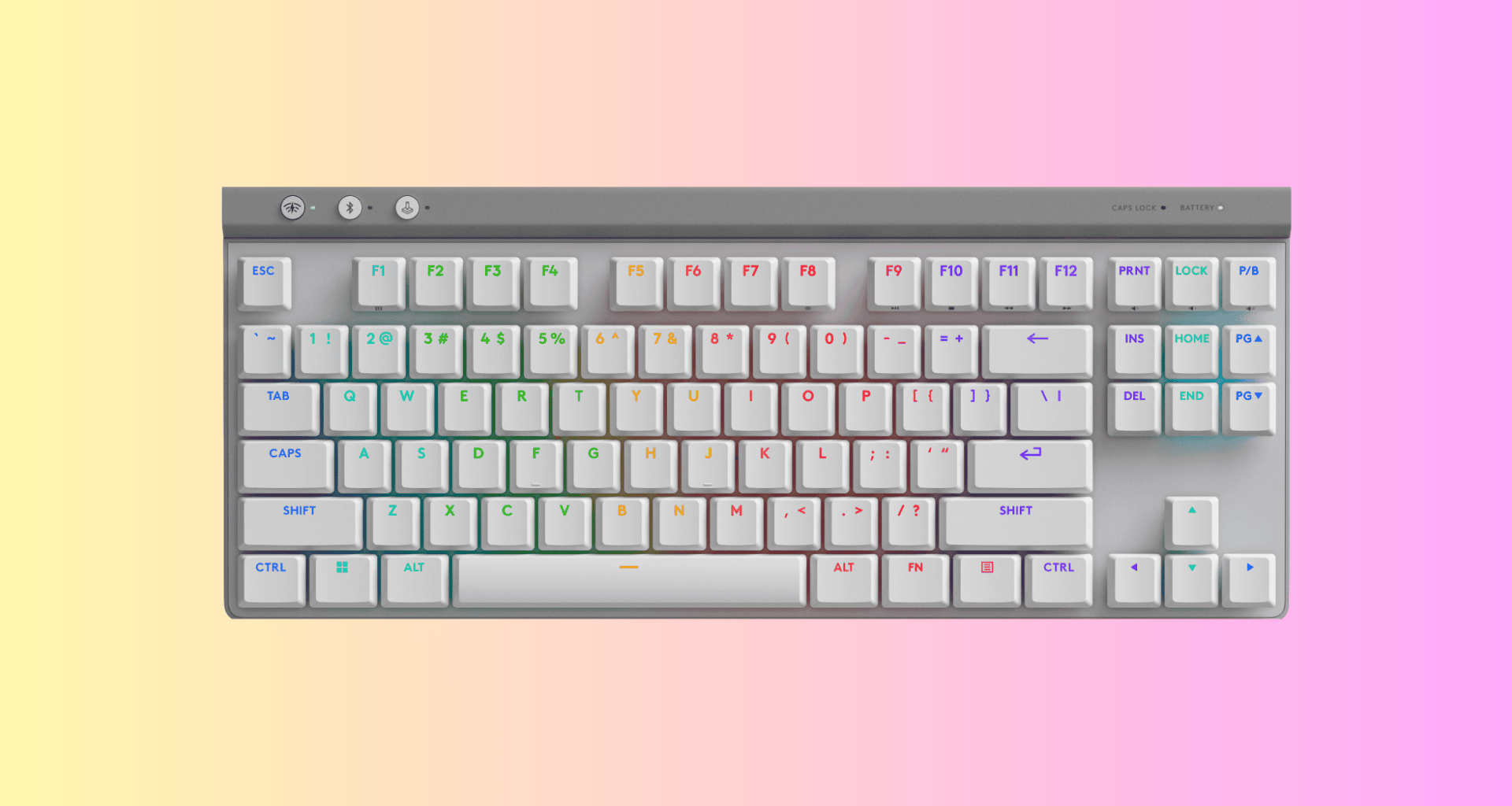 Teclado mecânico com iluminação RGB em fundo de cores suaves, ideal para gaming e produtividade.