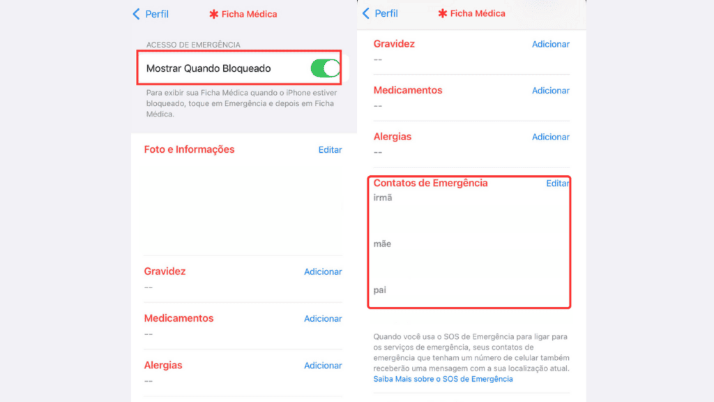Celular no carnaval: dicas para curtir a folia com segurança Botão de emergência no iphone com contatos de emergência destacados, foco em segurança e saúde.