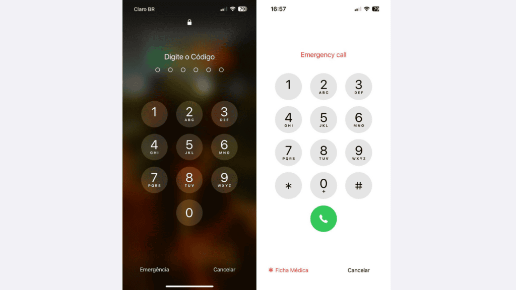 Celular no carnaval: dicas para curtir a folia com segurança Código de bloqueio de celular e discagem de emergência em tela de smartphone.