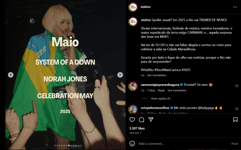 Lady gaga em copacabana: veja o que já se sabe sobre o show Perfil do visit rio mostrando shows de maio de 2025, incluindo o gagacabana