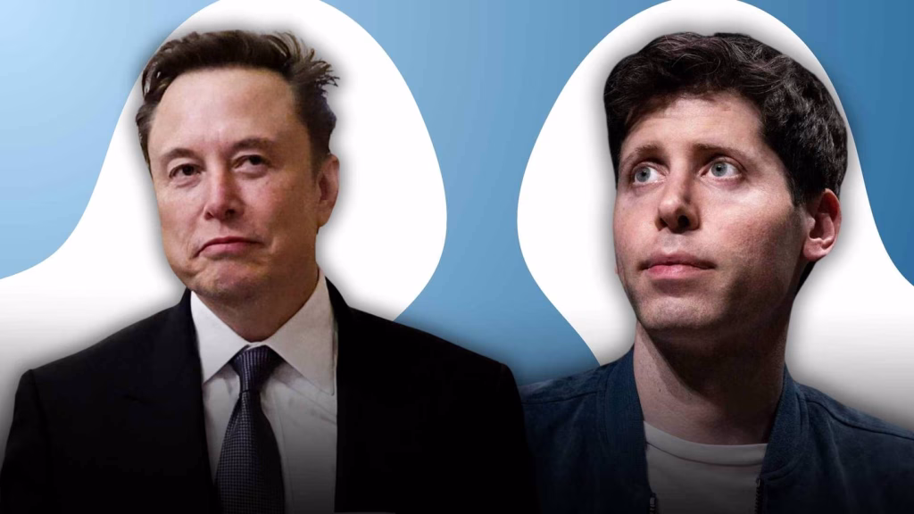 Entenda se elon musk conseguirá comprar a openai Elon musk e sam altamn em fundo azul claro
