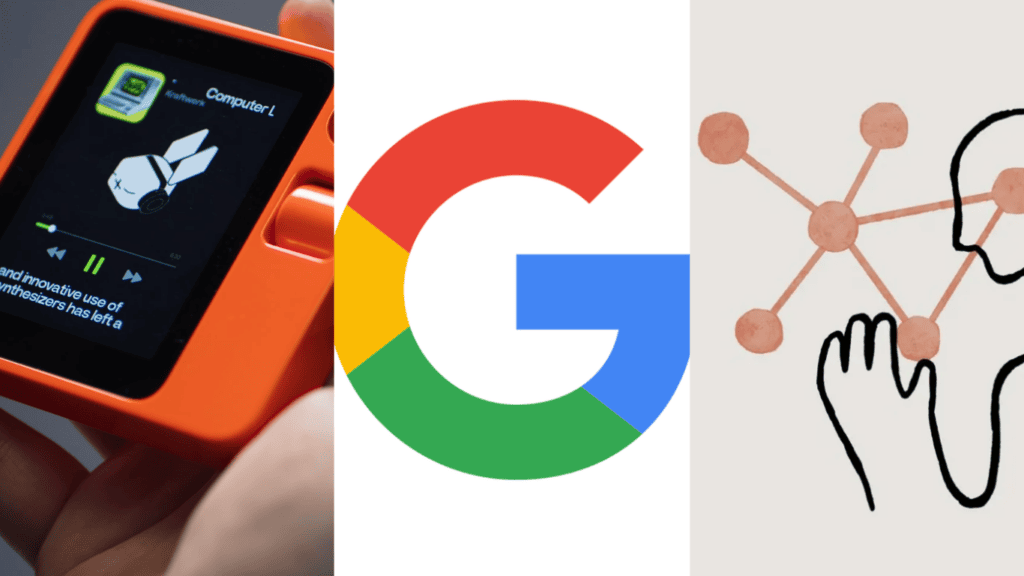 Conjunto de imagens mostrando tecnologia wearable, logo do google e representação de inteligência artificial.