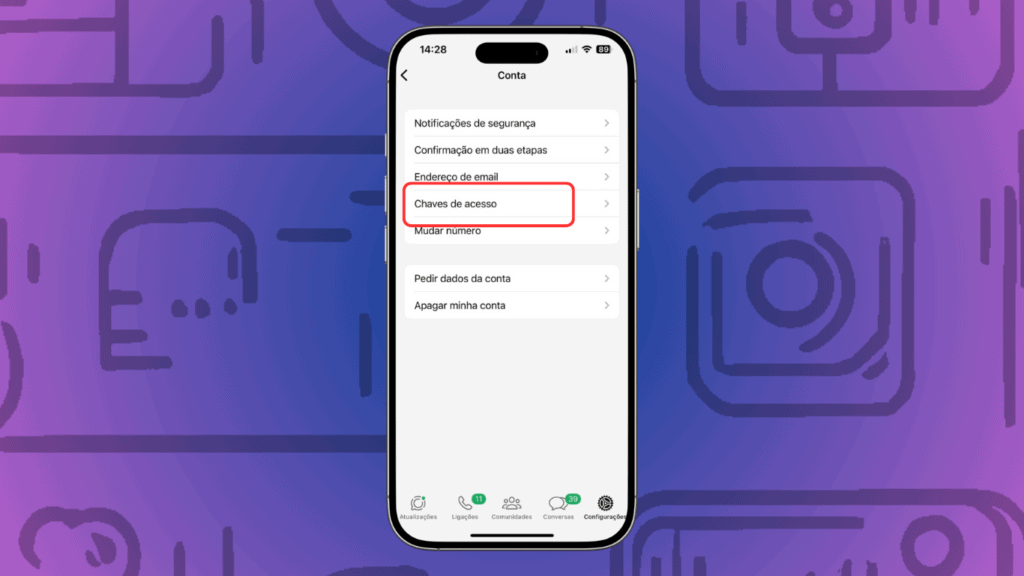 Celular no carnaval: dicas para curtir a folia com segurança Opção de chaves de acesso nas configurações do whatsapp - imagem: showmetech/felipe faustino