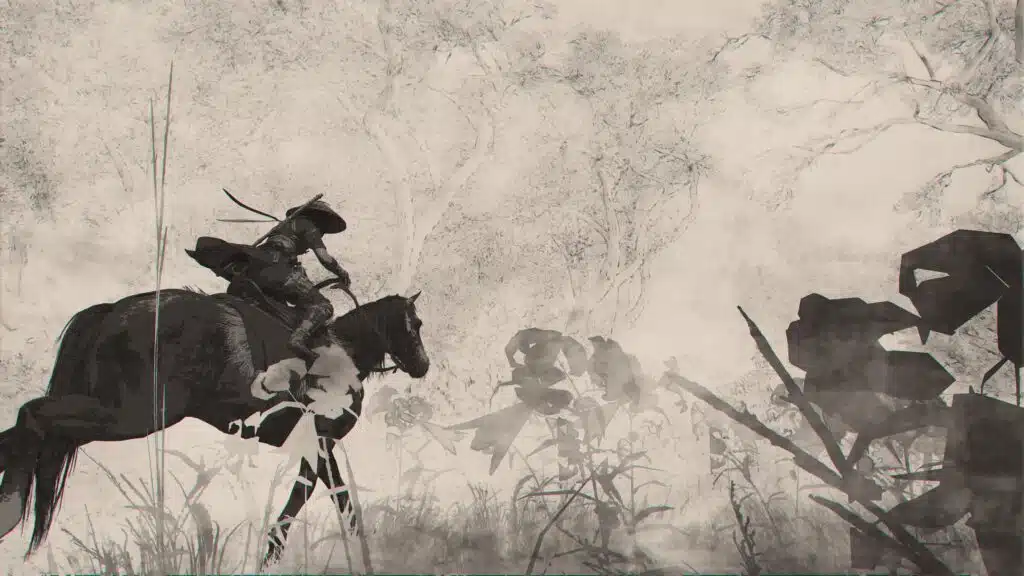 Review: assassin’s creed shadows é um épico de traição e vingança no japão feudal Ninja correndo no cavalo ao estilo preto-e-branco