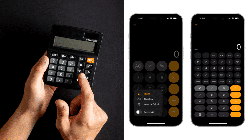 اكتشف 30 تقنيات قديمة وبدائلها الحالية على اليسار، آلة حاسبة يدوية وعلى اليمين، تطبيق الآلة الحاسبة الذي جاء ليحل محلها / الصورة: showmetech