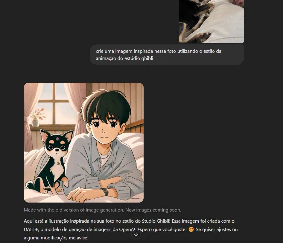 Se hvordan du tar bilder i stil med Studio Ghibli med chatgpt Chatgpt-grensesnitt på datamaskin med et bilde av en hund med en gutt