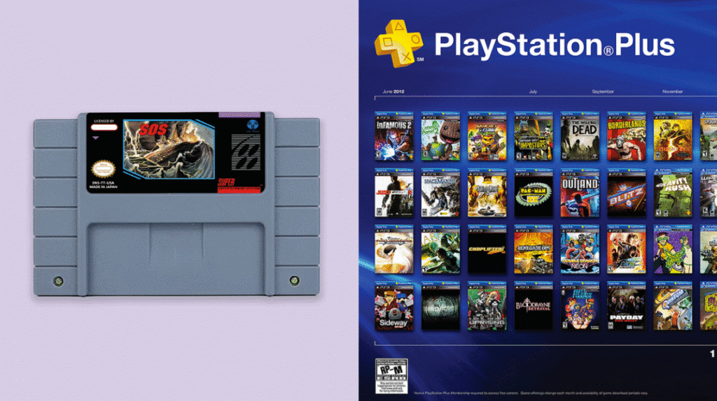 اكتشف 30 تقنيات قديمة وبدائلها الحالية على اليسار، خرطوشة لعبة فيديو قديمة وعلى اليمين، PSN، وهي منصة رقمية جاءت لتحل محلها / الصورة: showmetech