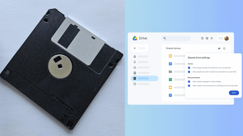 اكتشف 30 تقنيات قديمة وبدائلها الحالية على اليسار، قرص مرن وعلى اليمين، Google Drive، وهو مثال على التخزين السحابي الذي جاء ليحل محله / الصورة: showmetech