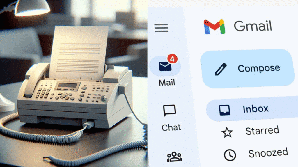 اكتشف 30 تقنيات قديمة وبدائلها الحالية على اليسار، جهاز الفاكس وعلى اليمين، مثال لمنصة المشاركة الرقمية التي جاءت لتحل محلها / الصورة: showmetech