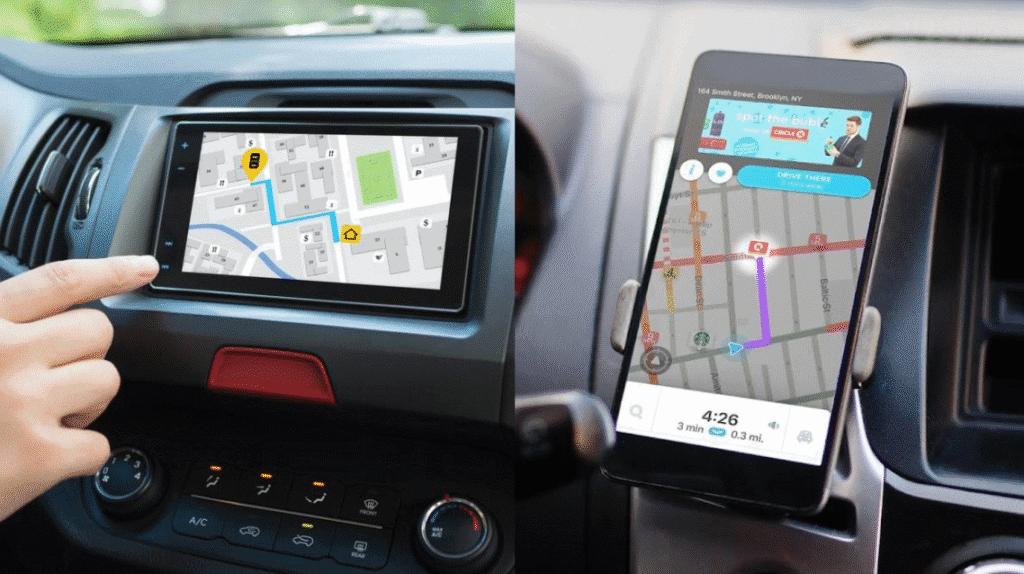 اكتشف 30 تقنيات قديمة وبدائلها الحالية على اليسار، نظام تحديد المواقع العالمي (GPS) للسيارات وعلى اليمين، تطبيق Waze، وهو مثال لتطبيق الملاحة الذي جاء ليحل محله / الصورة: showmetech
