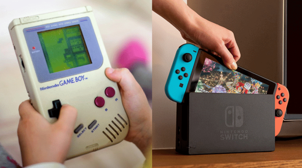 اكتشف 30 تقنيات قديمة وبدائلها الحالية على اليسار، جهاز Gameboy قديم وعلى اليمين، جهاز Nintendo Switch، أحدث جهاز ألعاب محمول جاء ليحل محله / الصورة: showmetech