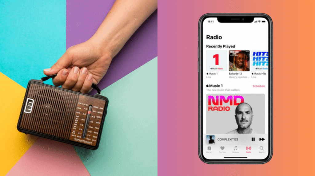 اكتشف 30 تقنيات قديمة وبدائلها الحالية على اليسار، راديو قديم كان يستخدم لضبط محطات AM/FM، وعلى اليمين، مثال لبث الموسيقى الذي جاء ليحل محله. / الصورة: showmetech